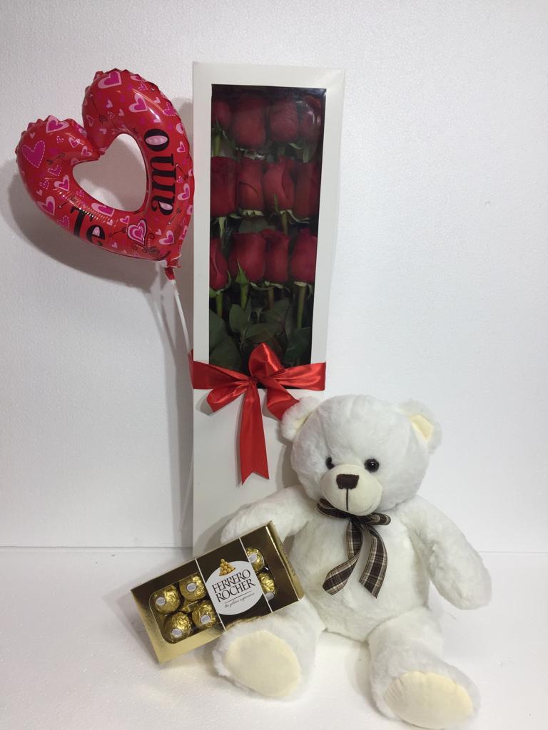 Caja con 12 Rosas ms Bombones Ferrero Rocher 100 Gramos, Peluche Blanco 26 m y Globito